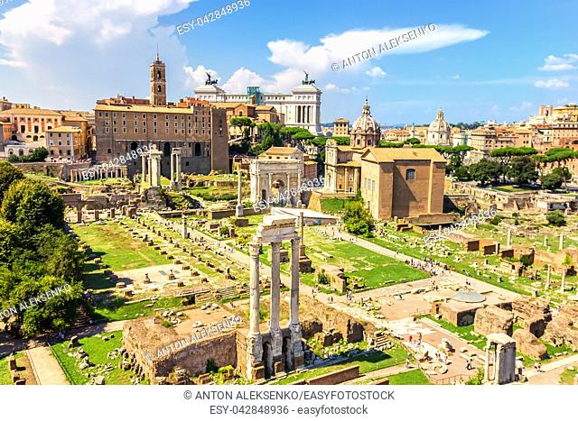 Summer photo of the Roman Forum: the Temple of Castor and Pollux, the Arch of Septimius Severus, the Temple of Saturn, the Temple of Vespasian