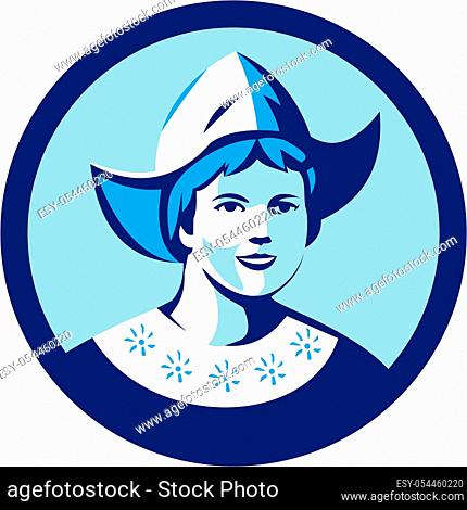 Illustration of a Dutch lady wearing traditional dutch cap or dutch bonnet that resemble a nurse's hat facing front set inside circle done in retro style
