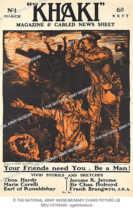 Magazine and cabled news sheet cover, Khaki, No.1, March [n.d.]. Reproducing a recruitment poster after Frank Brangwyn, Your Friends Need You