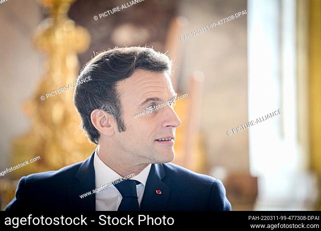11 March 2022, France, Versailles: France's President Emmanuel Macron attends the meeting of European Union EU leaders at an informal two-day meeting at the...