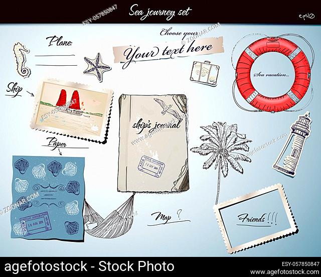 Scrapbookng poster with sea treveling elements. vector illustration EPS10