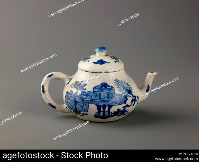 Small covered wine pot or teapot. Artist: Chinese , Qing Dynasty, Kangxi period; Date: 1662-1722; Culture: Chinese; Medium: Soft-paste type porcelain painted in...