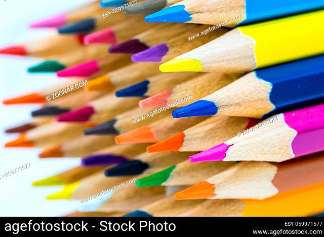 Close up view of multicolored pencil for drawing, painting and coloring