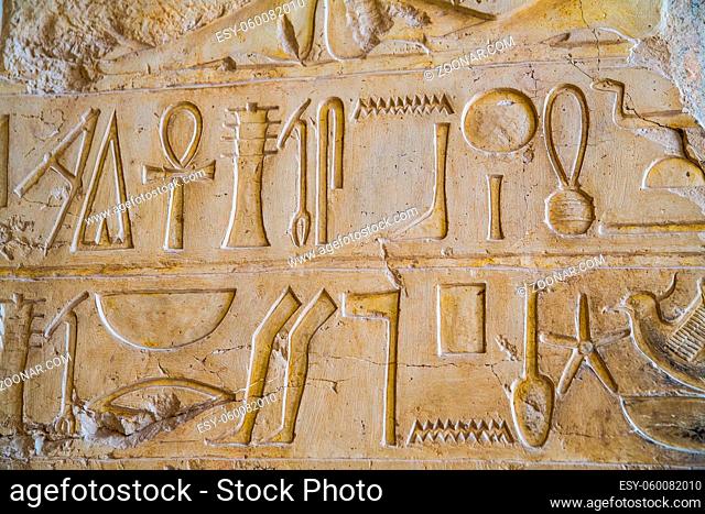 Hieroglyphs in the temple of Hatshepsut, Egypt
