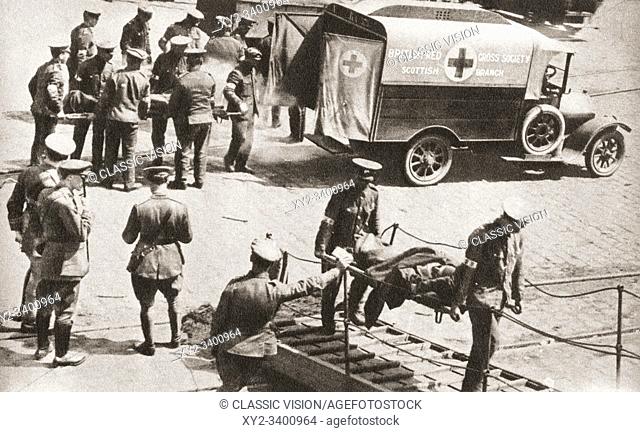 The first of the wounded during WWI, seen here at the French port of Le Havre, being invalided back to Britain. From The Pageant of the Century, published 1934