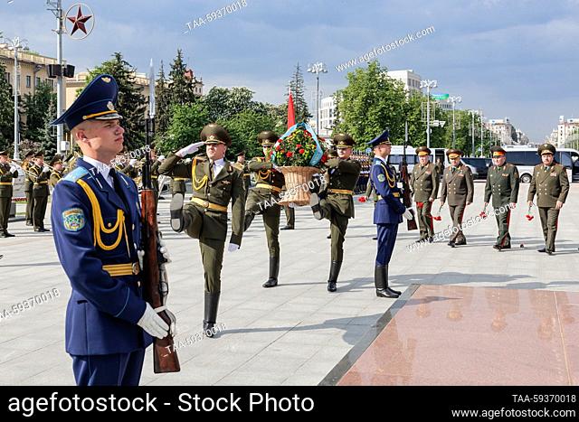 BELARUS, MINSK - MAY 25, 2023: CSTO Joint Staff Chief Anatoly Sidorov, Russia's Defence Minister Sergei Shoigu, Belarus' Defence Minister Viktor Khrenin and...