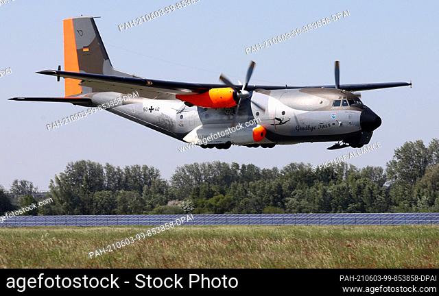 03 June 2021, Mecklenburg-Western Pomerania, Barth: A Bundeswehr Transall aircraft specially painted for its farewell flight lands for the last time at...