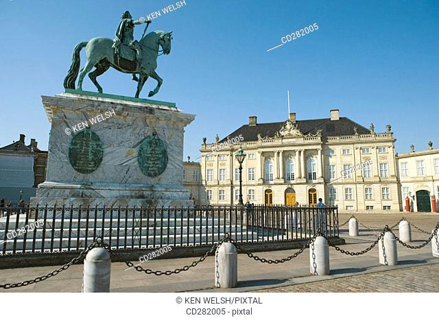 Amalienborg Palace and Square with equestrian statue of King Frederik V, Copenhagen, Denmark