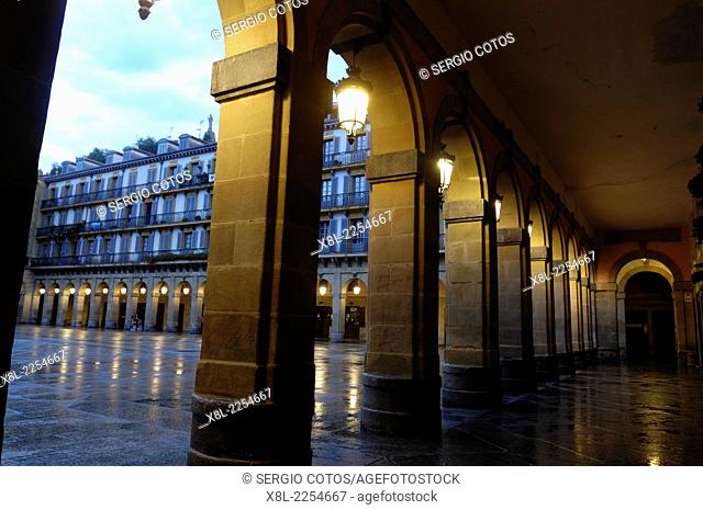 Porches on the Constitution square in San Sebastian, Basque Country, Guipúzcoa, Spain