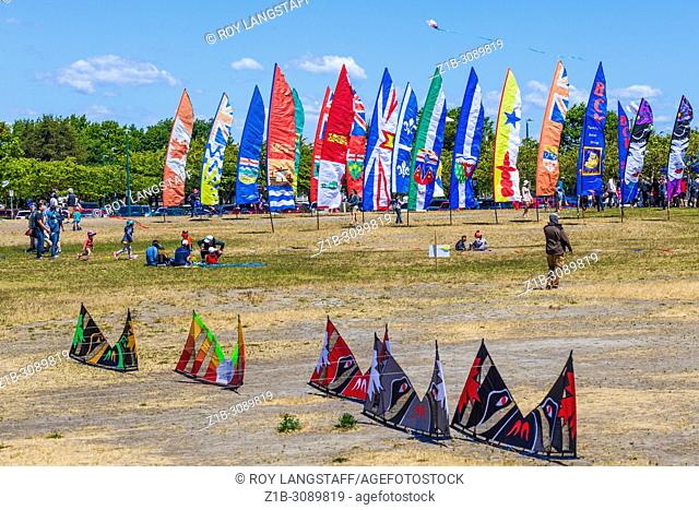 Kites and banners at the 2018 Steveston Kite Festival