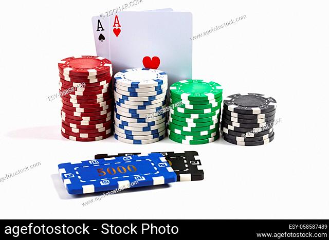 Round and Rectangular Casino Chips With Two Aces Isolated on white Background