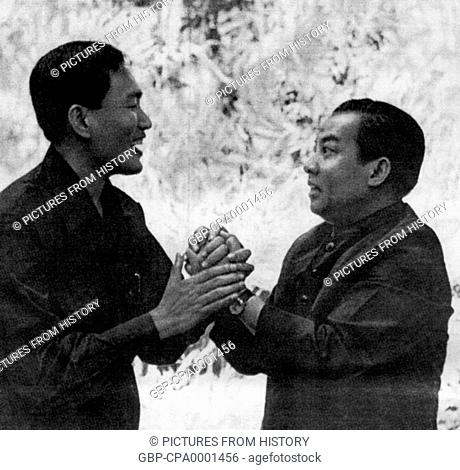 Cambodia: Norodom Sihanouk and Hu Nim clasp hands, Khmer Rouge 'liberated zone', 1973