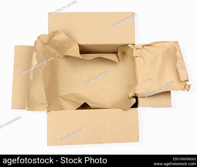 open empty rectangular brown cardboard box for transportation and packaging of goods isolated on white background, top view