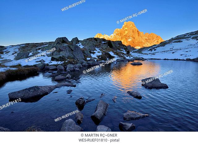 Italy, Trentino, Dolomites, Passo Rolle, Pale di San Martino range, mountain peak Cimon della Pala in the evening light