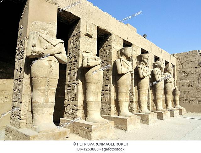 Osiride pillars of First Barque Chapel of Ramesses III at precinct of Amun-Re, Karnak temple complex near Luxor, Egypt, North Africa