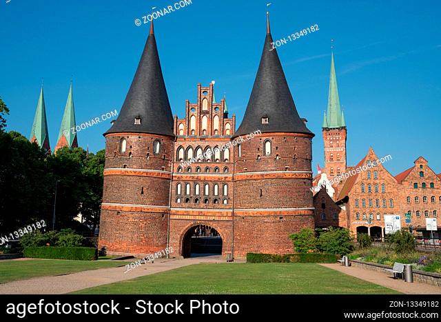 LUEBECK, GERMANY - JUNE 7, 2018: Historic Holsten Gate, landmark of the Hanseatic City of Luebeck on June 7, 2018 in Germany, Europe