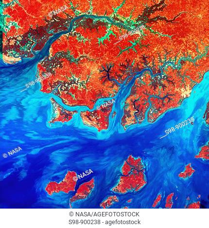This Landsat 7 image of Guinea-Bissau, a small country in West Africa, shows the complex patterns of the country's shallow coastal waters