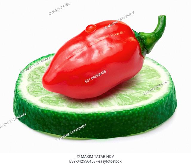 Red habanero pepper atop lime wheel. Ingredients for hot sauce. Clipping paths, shadows separated, infinite depth of field. Design elements