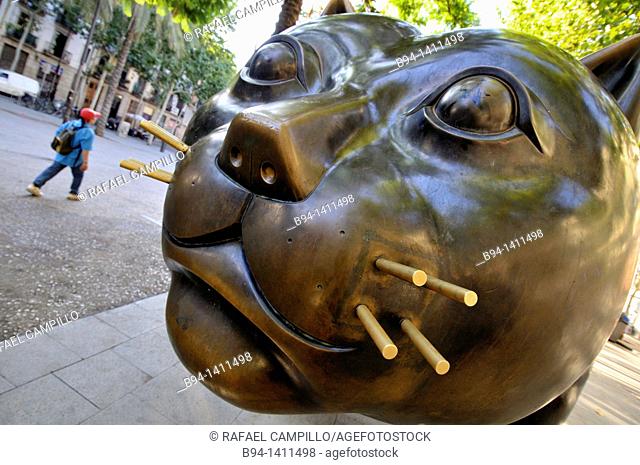 The Cat sculpture by Fernando Botero, painter, sculptor and draftsman Colombian born on April 19, 1932 in Medellin (Colombia). Rambla del Raval