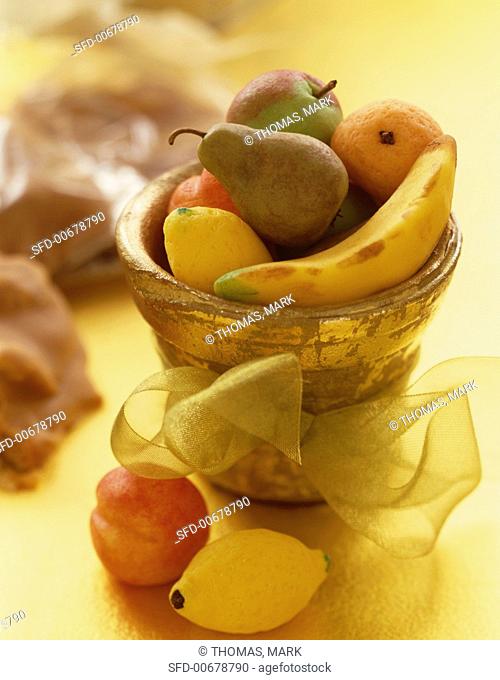 Marzipan Fruit in a Pot with Gold Ribbon
