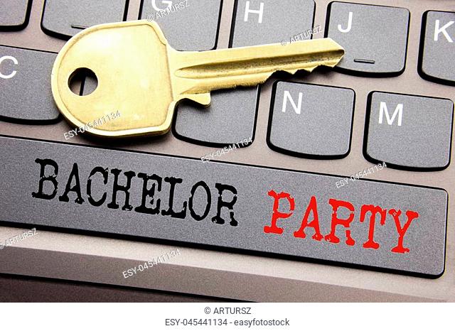 Hand writing text caption inspiration showing Bachelor Party. Business concept for Stag Fun Celebrate written on keyboard key on the key next to the text