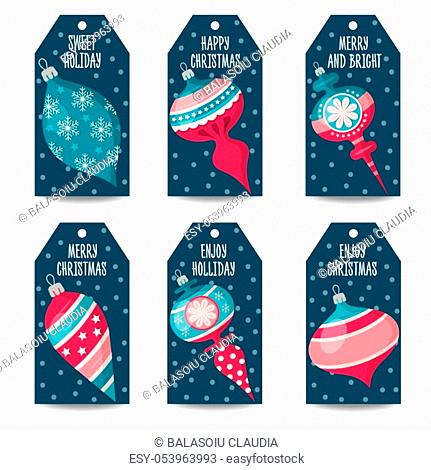 Christmas labels collection with Christmas balls, isolated items on white background. Vector