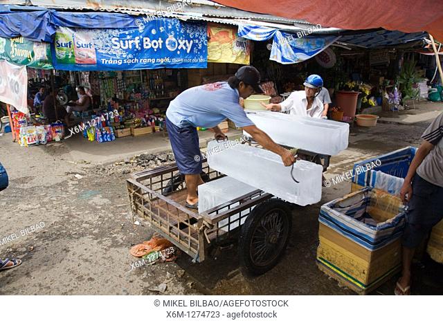ice block transport on a food street market  Can Tho city  Mekong Delta, Vietnam, Asia