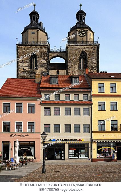 Spires of the city and parish church of St Marien, St Mary, buildings at front, Lutherstadt Wittenberg, Martin Luther City Wittenberg, Saxony-Anhalt, Germany