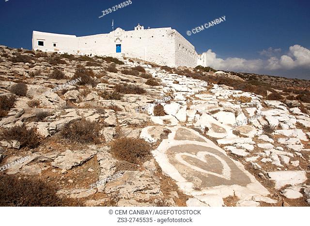 Zoodohos Pigi monastery situated on the top of the hill at the upper side of the Kastro or Castle village, Sikinos, Cyclades Islands, Greek Islands, Greece