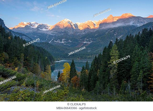 Lake Tovel at sunrise Europe, Italy, Trento region, Trento district, Natural Park Adamello Brenta, Tuenno city