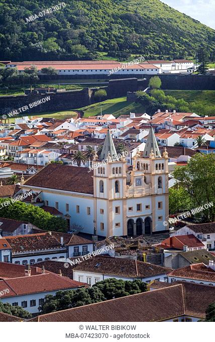 Portugal, Azores, Terceira Island, Angra do Heroismo, elevated view of the Santissimo Salvador da Se cathedral church