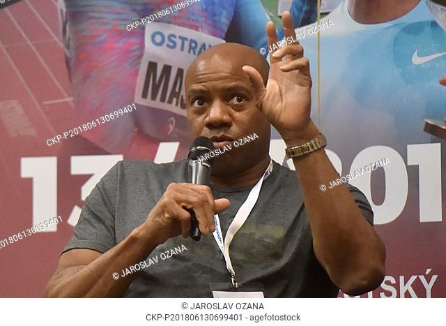 Mike Powell, former US athlete, speaks to journalists prior to the 57th Golden Spike, an IAAF World Challenge athletic meeting in Ostrava, Czech Republic