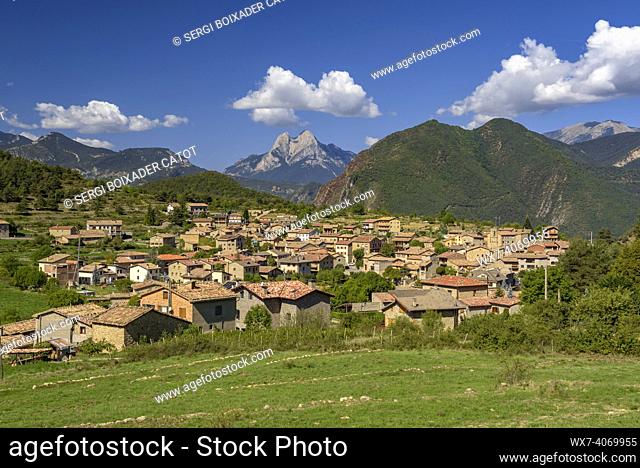 The town of Sant Juliá  de Cerdanyola with the Pedraforca mountain in the background (Berguedá , Catalonia, Spain, Pyrenees)