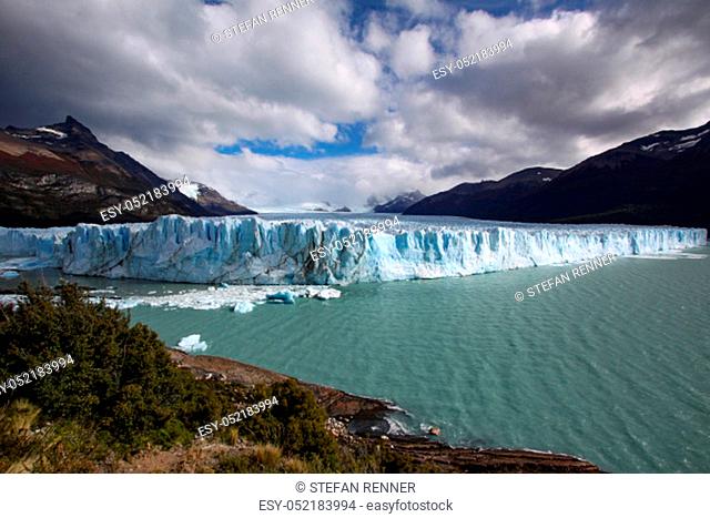Panorama of Perito Moreno glacier with lake in South America