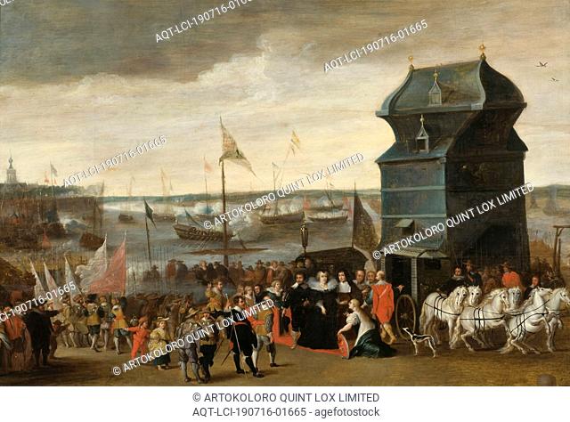 After Matheus Vroom, Queen Marie de Medici Disembarking in Antwerp, Queen Maria of Medicis landing in Antwerp, Oil on wood, Height, 64 cm (25
