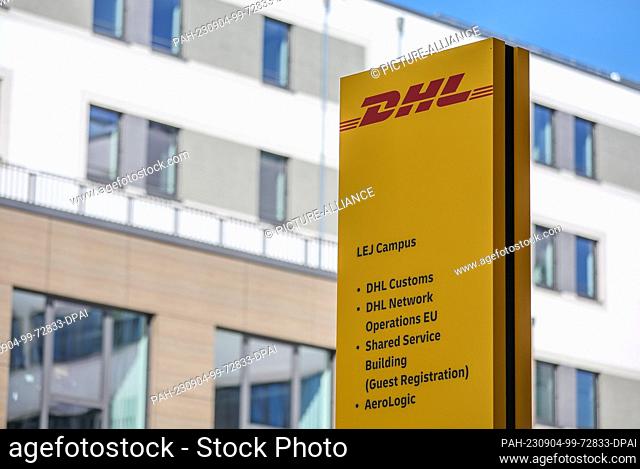 04 September 2023, Saxony, Schkeuditz: A sign indicates the companies located at the new LEJ Campus. At the world's largest DHL Express Hub