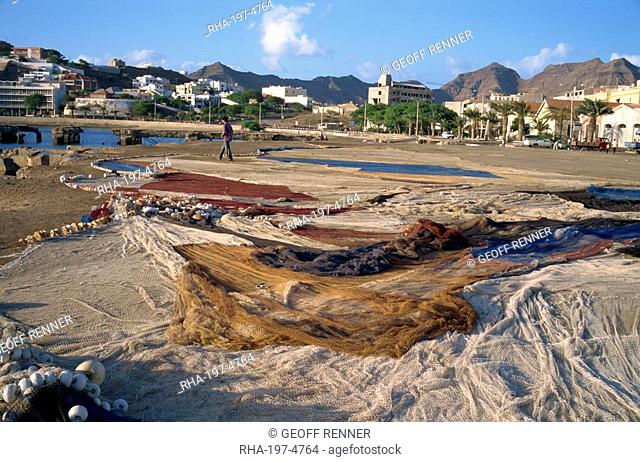 Nets laid out to dry on dockside, Mindelo, Sao Vicente, Cape Verde Islands, Atlantic, Africa