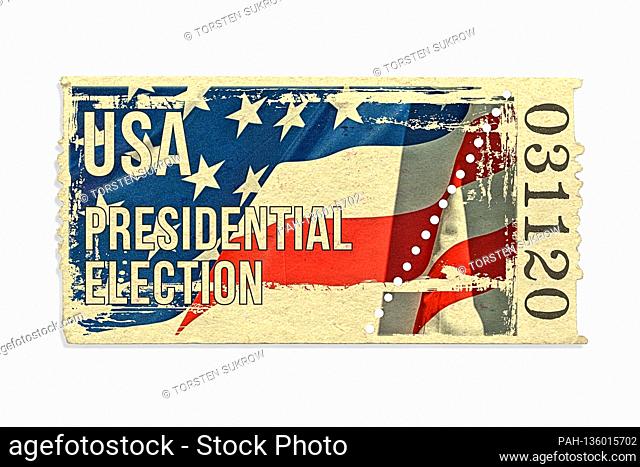 Symbolic admission ticket with a waving US national flag to the 59th presidential election in the United States on November 3, 2020
