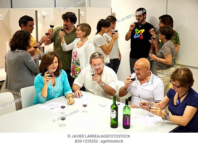 Consumers tasting wine tutored by a sensory analysis specialist, AZTI-Tecnalia Marine and Food Research Center, Derio, Bizkaia, Euskadi, Spain