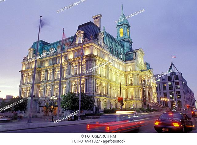 Montreal, Canada, Quebec, City Hall in the evening in Old Montreal (Vieux Montreal) in Quebec