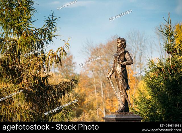 Kosava, Belarus. Statue Near Memorial Museum-estate Of Tadeusz Kosciuszko. Famous Popular Historic Landmark House Of Andrew Thaddeus Bonaventure Kosciuszko