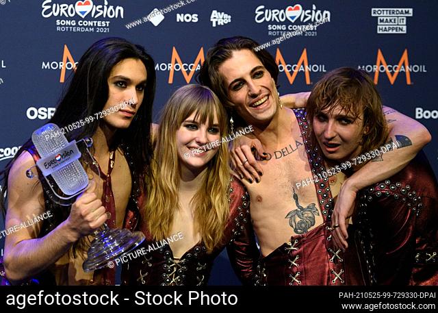 23 May 2021, Netherlands, Rotterdam: Guitarist Thomas, guitarist Ethan, bassist Victoria and singer Damiano and from the band ""Maneskin"" (Italy) rejoice after...