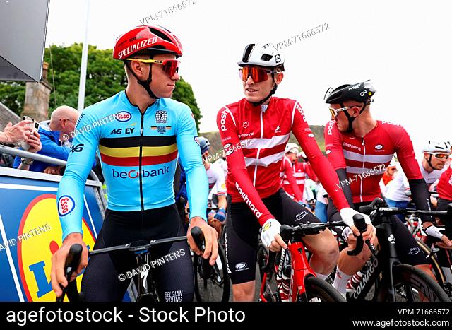 Belgian Remco Evenepoel (L) pictured at the start of the men elite road race at the UCI World Championships Cycling, 272, 1km from Edinburgh to Glasgow