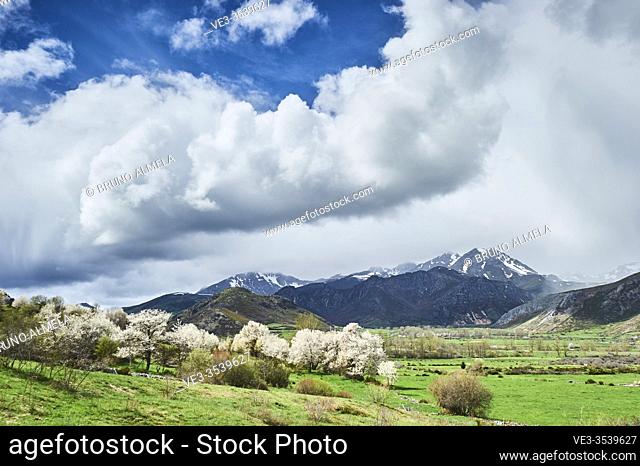 Cantabrian landscapes: spring in Luna river Valley near Riolago, Babia region (Leon province, region of Castilla y Leon, Spain)