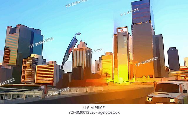 cartoon filter view of car crossing Victoria bridge and Brisbane city skyline at sunset