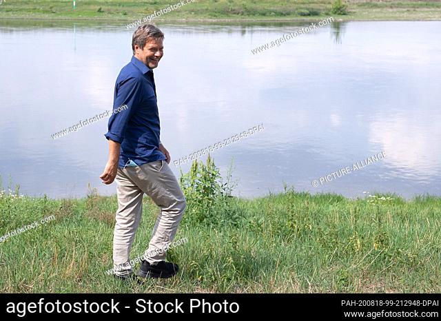 18 August 2020, Saxony, Zeithain: Robert Habeck, Federal Chairman of Bündnis 90/Die Grünen, goes on his summer tour along the banks of the Elbe