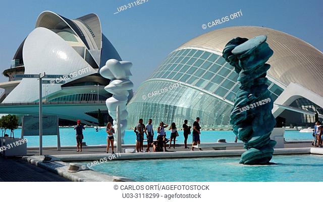 Tourists relaxing in the complex ""City of Arts and Sciences"" in the mediterranean city of Valencia, Spain, Europe