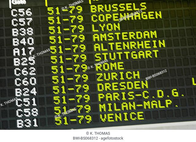 Schedule board at Viennese International Airport at Wien Schwechat, Austria, Lower Austria, Vienna area, Schwechat