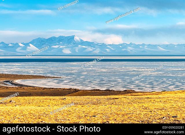 Namtso lake landscape at dusk, holy lake and snow mountain in Tibet