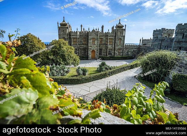 vorontsov palace in alupka, crimea. panoramic view of castle with blue sky background. grape vine with yellow autumnal leaves in foreground